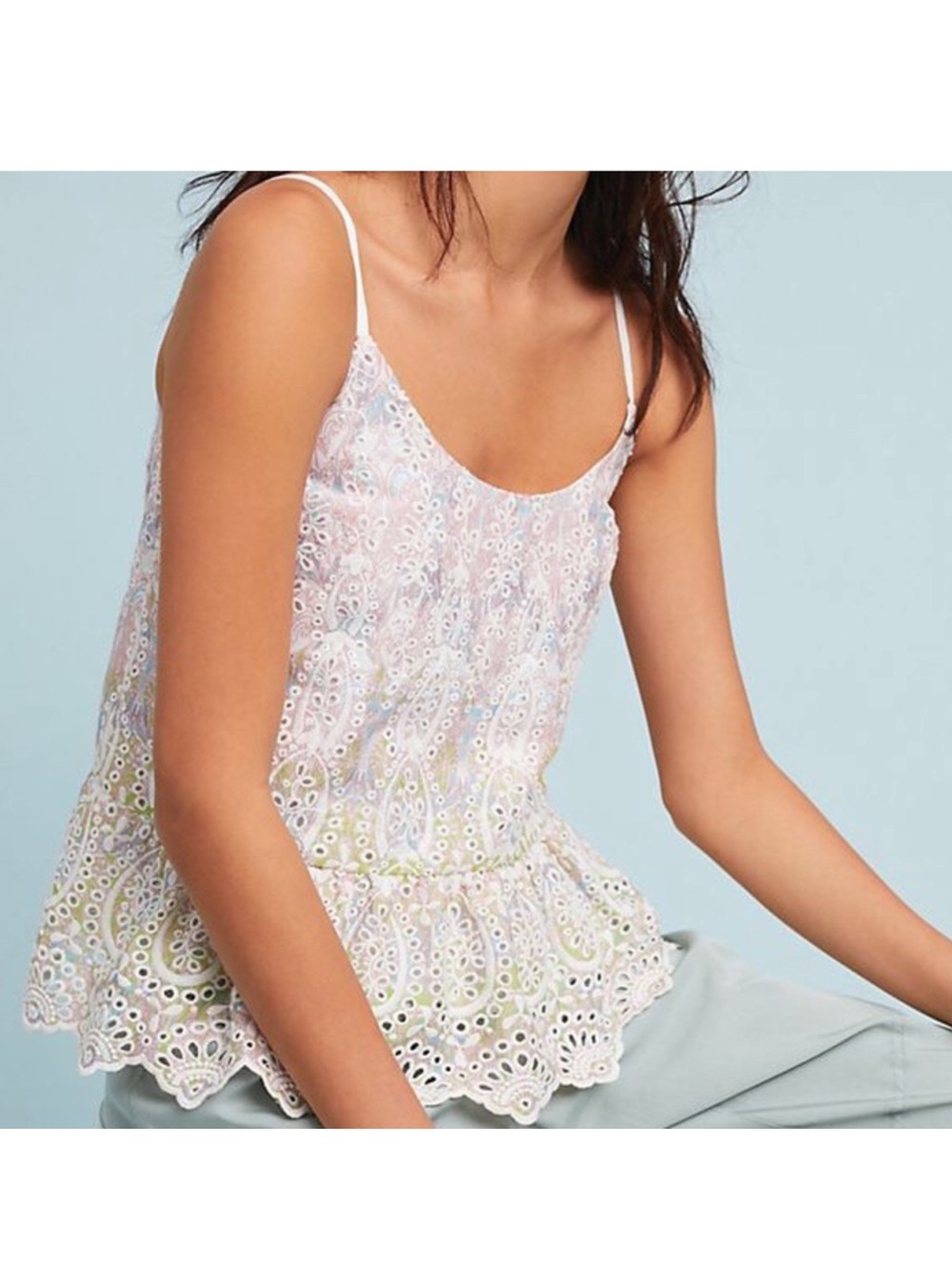 Anthropologie Feather Bone Eyelet Peplum Open Back Ruffle Rainbow Tank Top 4